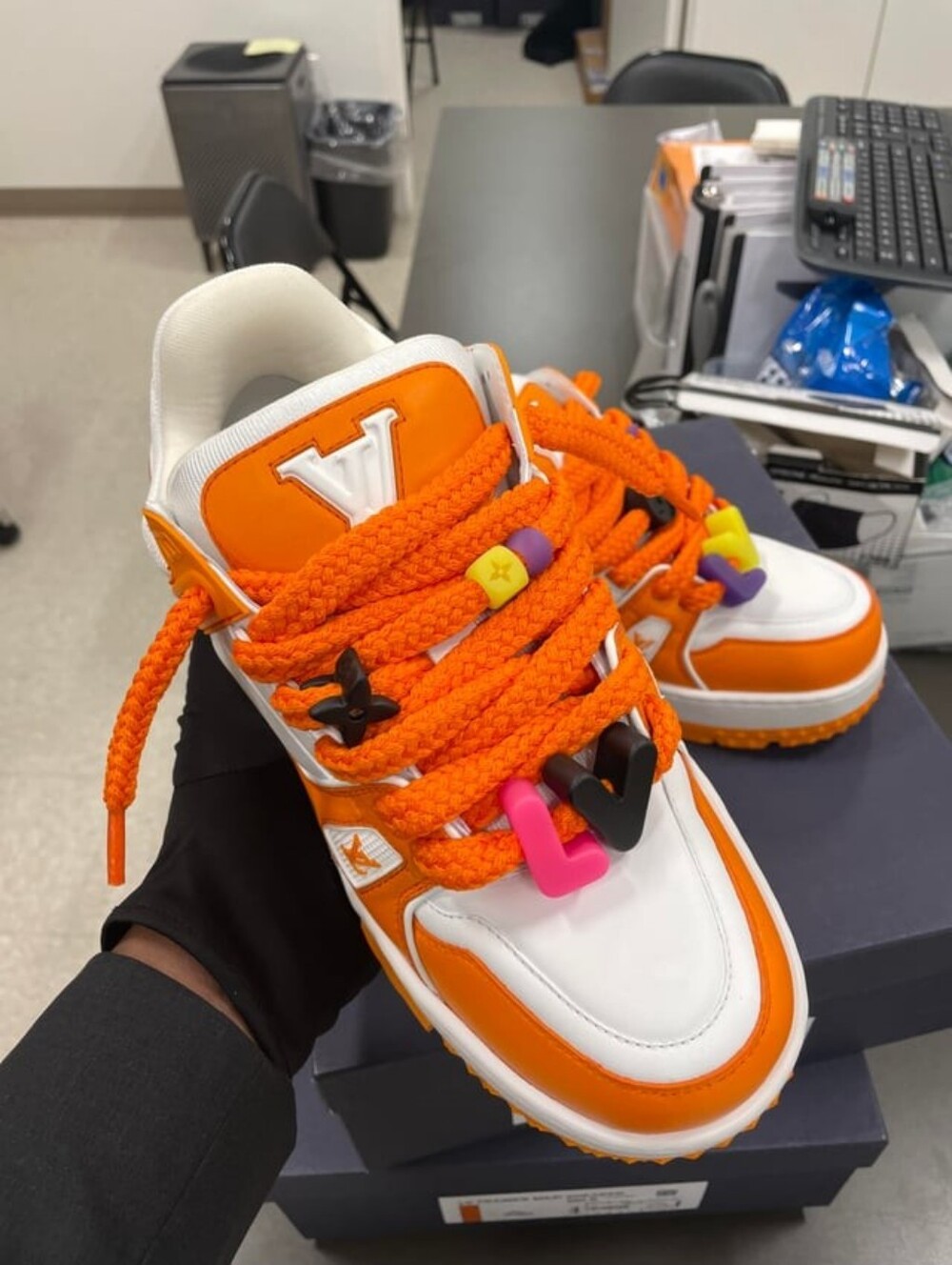 Louis Vuitton Kids Orange, White and Multicolor Lace Charm Sneakers